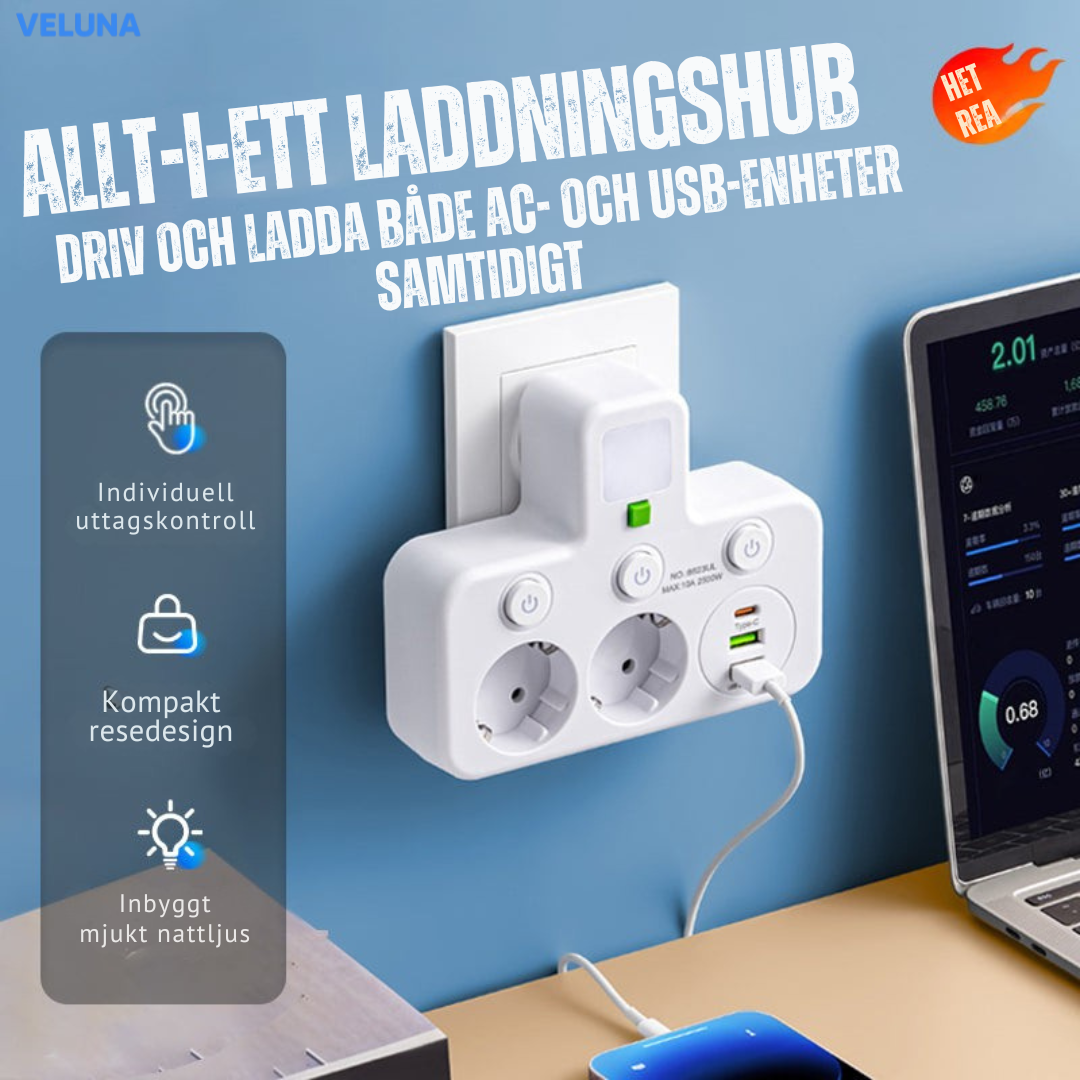 PowerDock™ Smart Laddningshub – Fleruttag med USB och nattlampa
