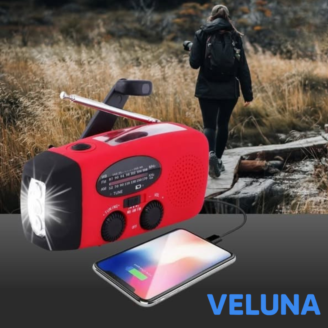 Veluna StormGuard™ – Nödradio med Solcellsladdning, Ficklampa & Handsvev