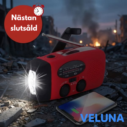 Veluna StormGuard™ – Nödradio med Solcellsladdning, Ficklampa & Handsvev