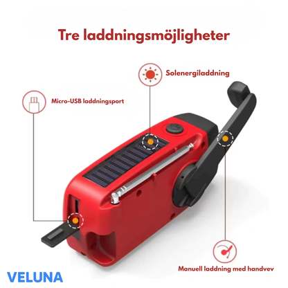 Veluna StormGuard™ – Nödradio med Solcellsladdning, Ficklampa & Handsvev