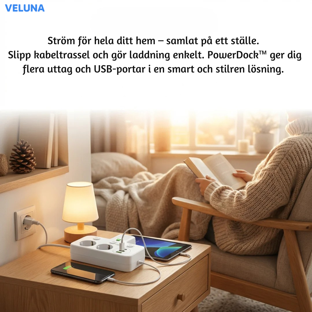 PowerDock™ Smart Laddningshub – Fleruttag med USB och nattlampa
