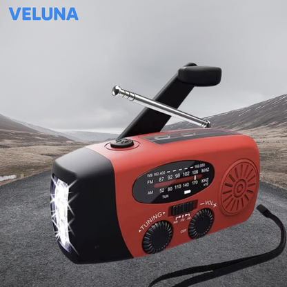 Veluna StormGuard™ – Nödradio med Solcellsladdning, Ficklampa & Handsvev