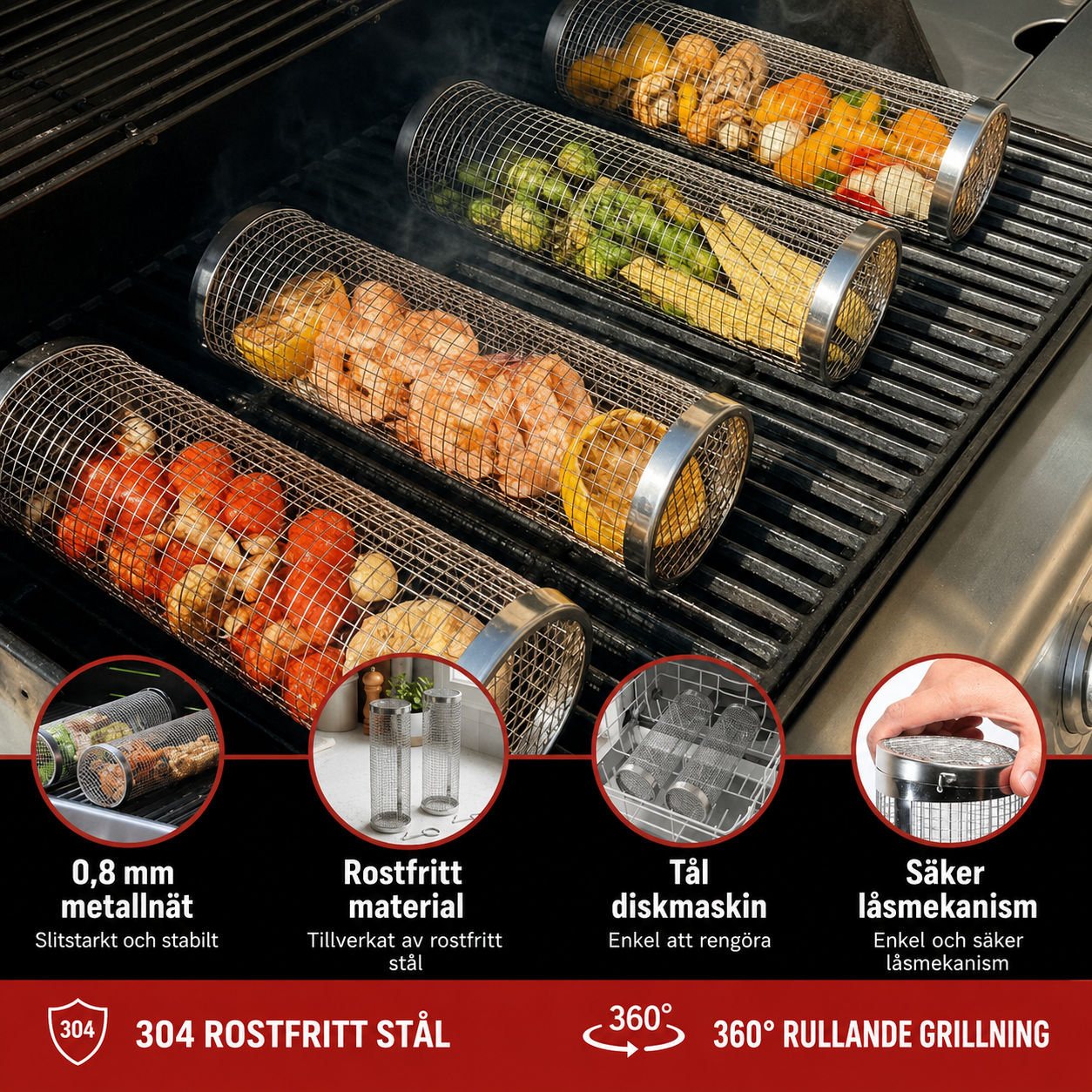 GrillPro™ – Roterande Grillkorg i Rostfritt Stål